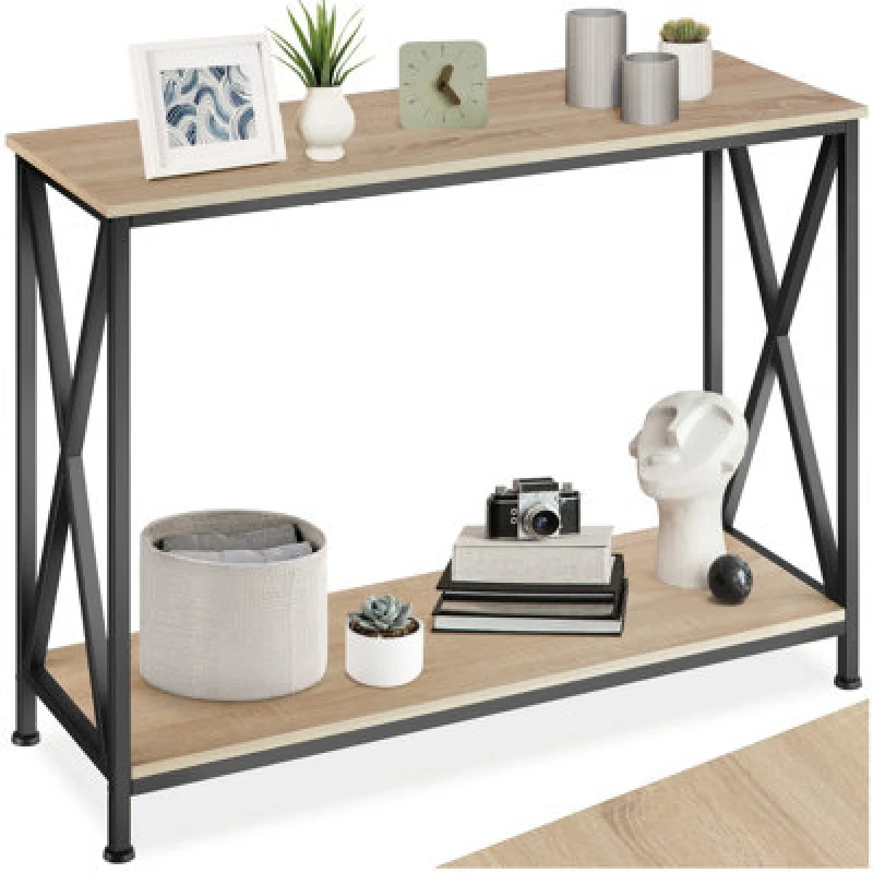 Image of Tectake Console Table Tacoma - With 2 Shelves And Side X-Braces - Industrial Wood Light, Oak Sonoma