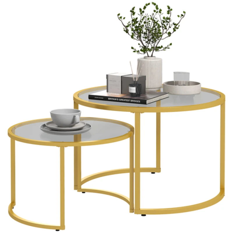 Image of HOMCOM HOMCOM Modern Coffee Table Set of 2, Nesting Tables with Glass Top, Gold Size: 2 Pack Gold 2 Pack Unisex 5063603037212