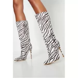 Image of I Saw It First Pointed Toe Stiletto Heel Mid Calf Zebra Print Boot - Brown
