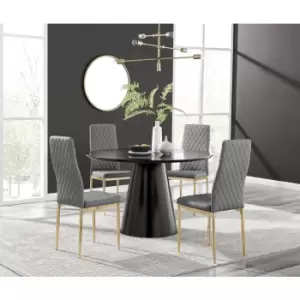 Image of Furniturebox Palma Black Semi Gloss 120cm Round Minimalist Dining Table & 4 Grey Milan Gold Leg Chairs