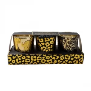 Image of Candlelight Animal Luxe (Set of 3) Wax Filled Candle Pots with Leopard Print Midnight Pomegranate Scent