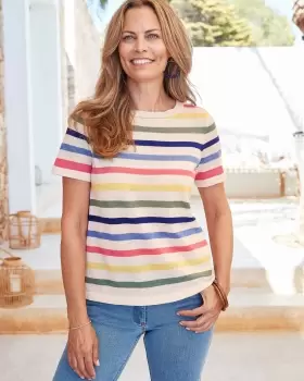 Image of Cotton Traders Womens Viscose-Linen Stripe Short Sleeve Knitted Top in White