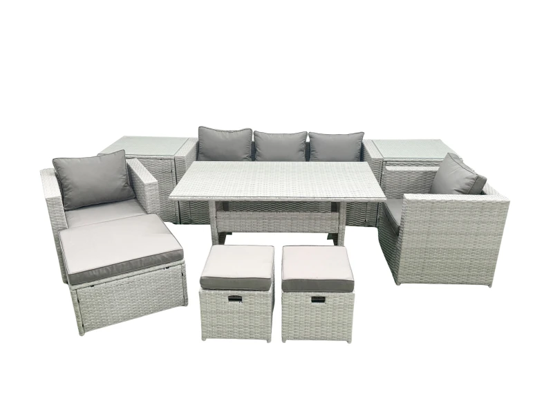 Image of Fimous Garden Dining Set Outdoor Rattan Furniture Set with Sofa Dining Table 2 Chairs 3 Footstools 2 Side Tables Light Grey Mixed Light Grey