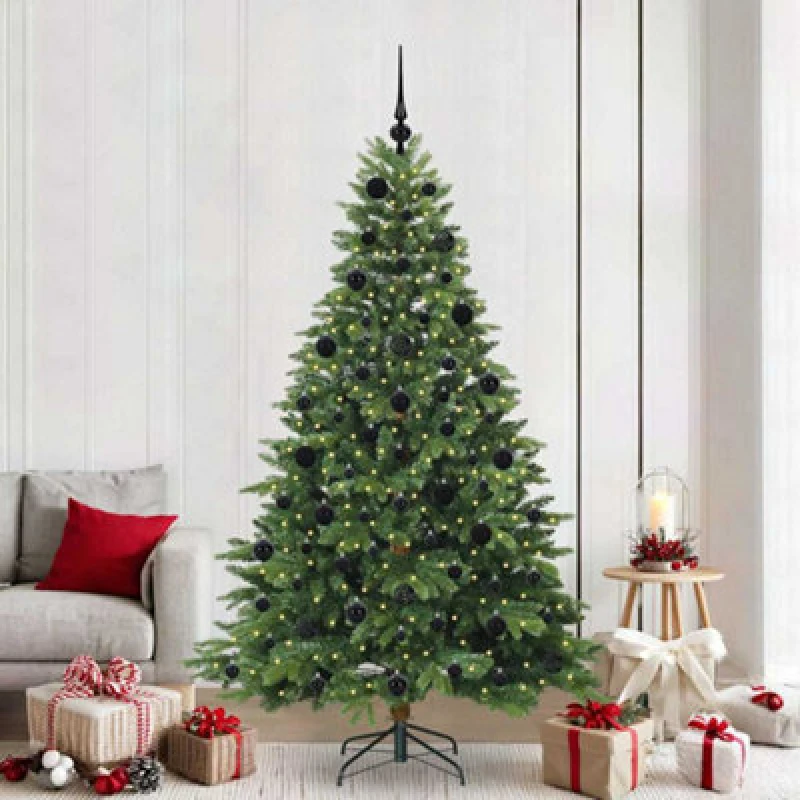 Image of vidaXL Artificial Christmas Tree with 300 LEDs, Black Balls Green 210cm PE and PVC, Green 3397563