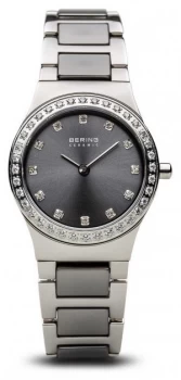 Image of Bering Womens Ceramic Polished Silver Crystal Set Grey Watch