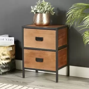Image of Cayman - Retro Wooden Dark Brown Side Table or Bedside Cabinet 2 Drawer Metal Handles - Brown