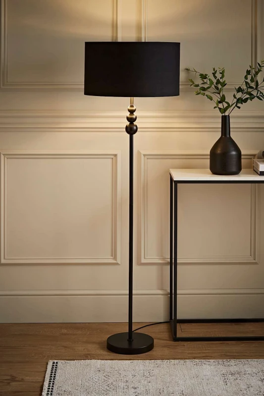 Image of ValueLights ValueLights Marissa Black Stacked Ball Floor Lamp with Fabric Drum with Chrome Inner Shade Black One Size Unisex 5059406060007