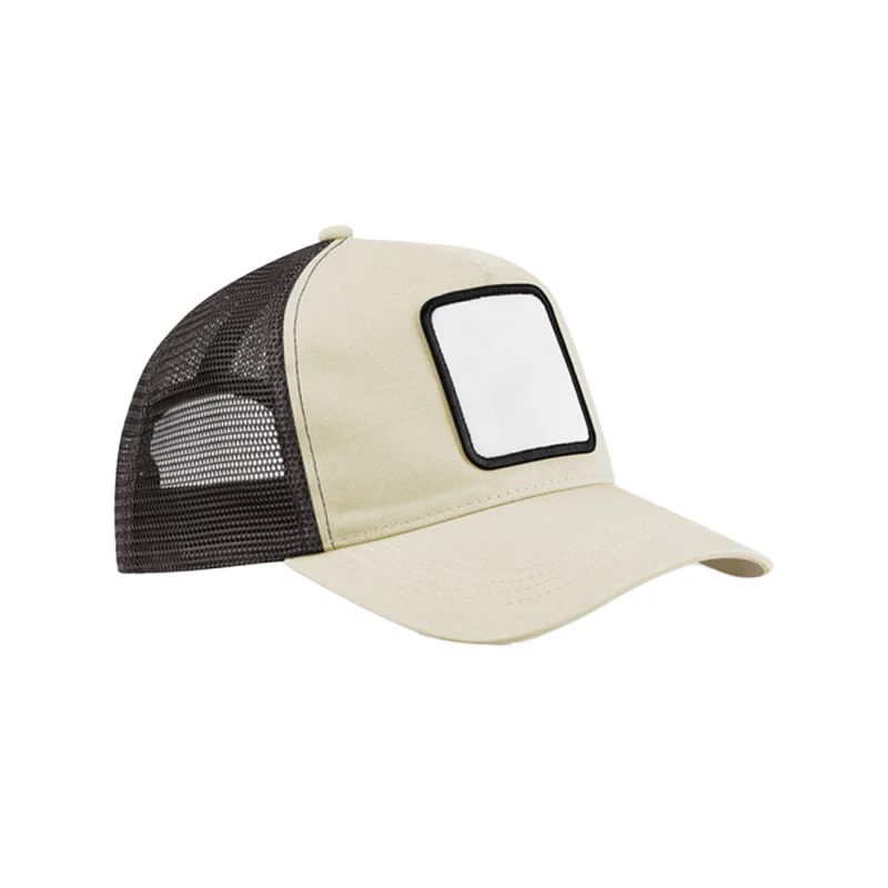 Image of Beechfield Beechfield Men Applique 5 Panel Trucker Cap in Medium Beige Medium Beige One Size Male 5063703676472