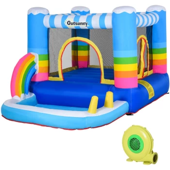 Image of Outsunny - Kids Rainbow Bouncy Castle & Pool Net Pump Outdoor Trampoline 3-8 Yrs