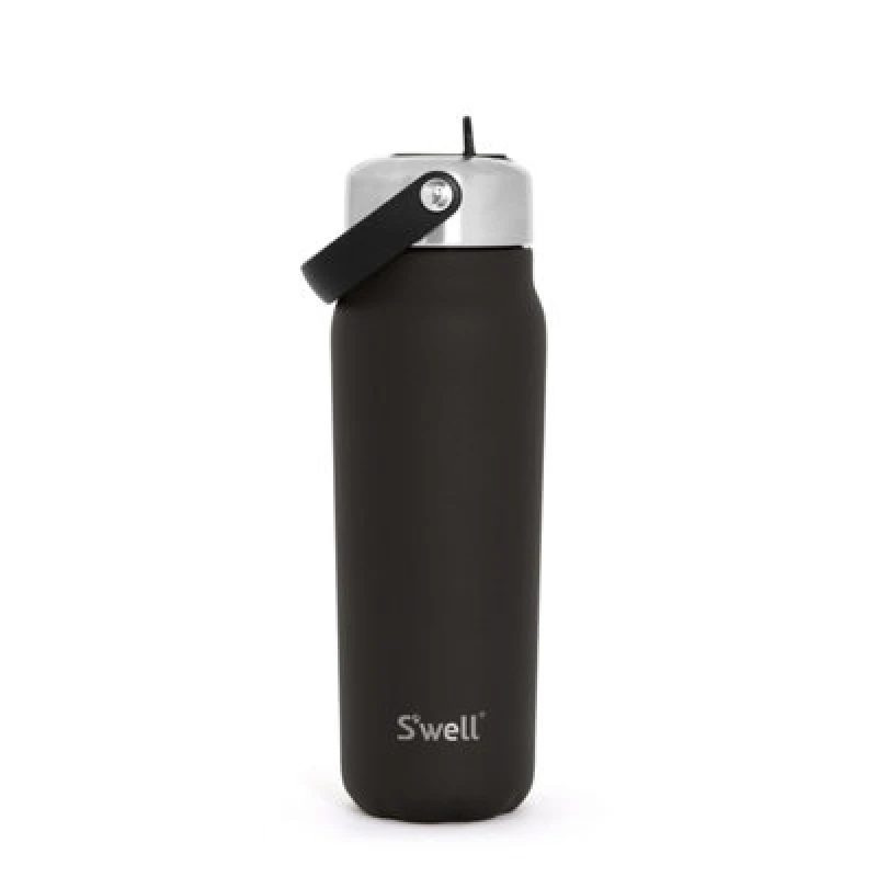 Image of Swell S'well Explorer Onyx Tumbler With Straw, Black Thermal Travel Water Flask, Stainless Steel And Copper, Bpa-Free, 700Ml