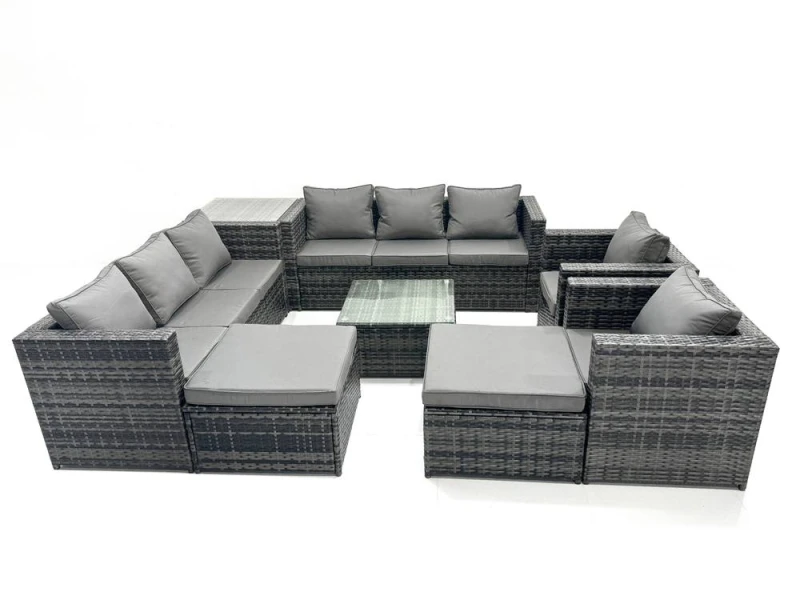 Image of Fimous 10 Seater Patio Lounge Sofa Set with Side Table 2 Big Footstool in Dark Grey Dark Grey Unisex