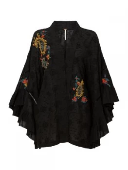 Image of Free People Long Sleeve Ebroidered Dotty West Kimono Black
