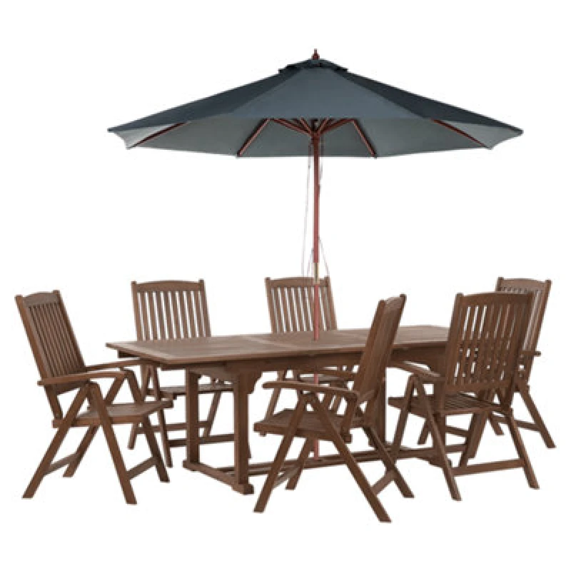 Image of Beliani Garden Dining Set 6 Seater Amantea With Parasol Acacia Wood Grey
