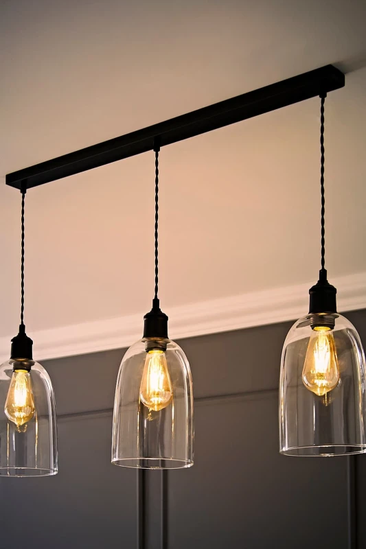 Image of ValueLights ValueLights Kira Glass Cloche Dome 3 Drop Bar Diner Ceiling Pendant Light with LED Bulbs in Black One Size Unisex 5059406063794