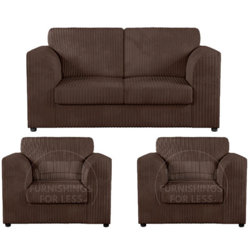Image of Furnishings For Less UK Luxor Jumbo Cord 2 + 1 + 1 Fabric 3 Piece Sofa Suite - Fullback Chocolate