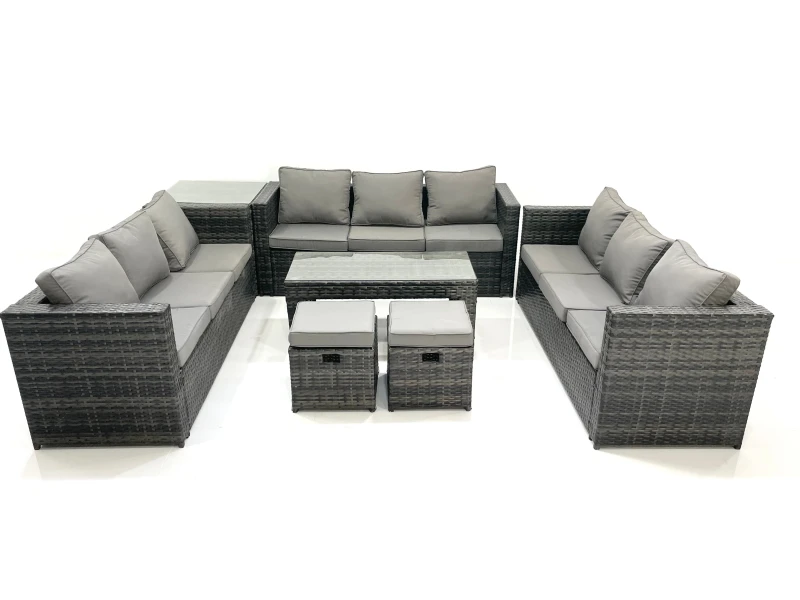 Image of Fimous Outdoor Garden Furniture Set 11 Seater Rattan Sofa Set with Coffee Table 2 Small Footstools Side Table Dark Grey Mixed Dark Grey