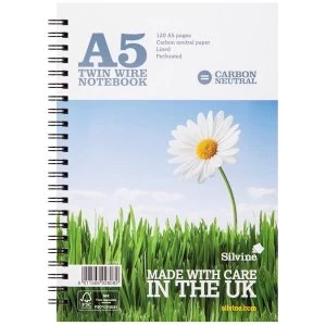 Image of Silvine A5 Notebook Carbon Neutral Wirebound 80gsm Ruled Margin Perforated Punched 4 Holes 120pp Pack of 5
