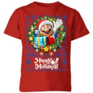 Image of Nintendo Super Mario Happy Holidays Mario Kid's Christmas T-Shirt - Red - 3-4 Years