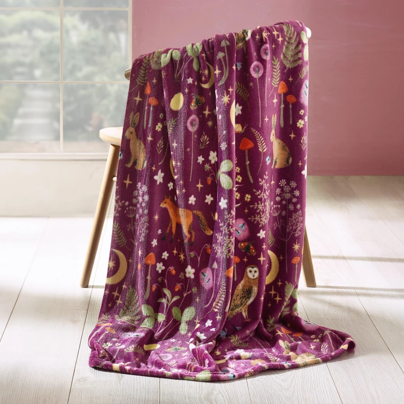 Image of Catherine Lansfield Catherine Lansfield 'Enchanted Twilight Animals' Cosy Fleece Blanket Throw in Plum Size: 130cm x 170cm Plum 130cm x 170cm Unisex