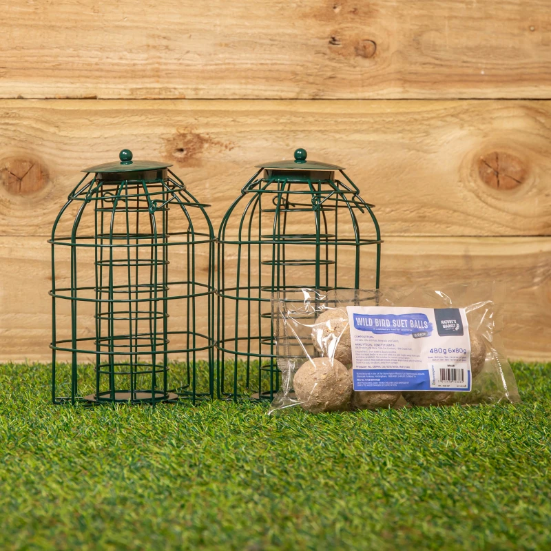 Image of Pack of 2 Samuel Alexander Metal Hanging Bird Fat Ball Feeder with Squirrel Guard & Pack of 6 Suet Fat Balls