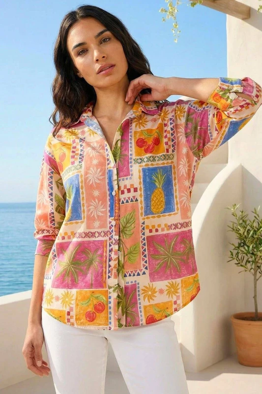 Image of Roman Womens Tropical Print Cotton Shirt in Orange Size: 16 Orange Female 16