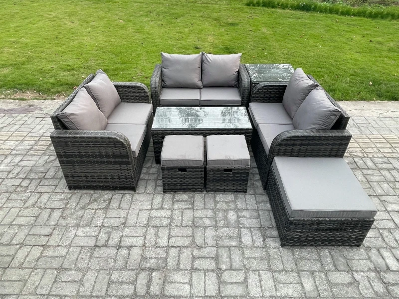 Image of Fimous Outdoor Garden Furniture Sets 8 Pieces Wicker Rattan Furniture Sofa Sets with Coffee Table Love seat Sofa 3 Footstools Side Table Dark Grey