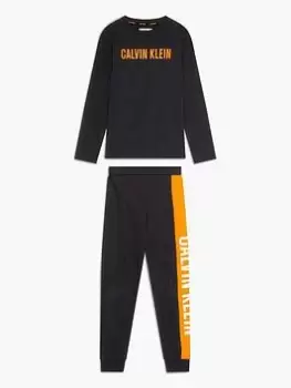 Image of Calvin Klein Boys Long Sleeve Top And Cuffed Pant PJ Set - Black, Size 12-14 Years
