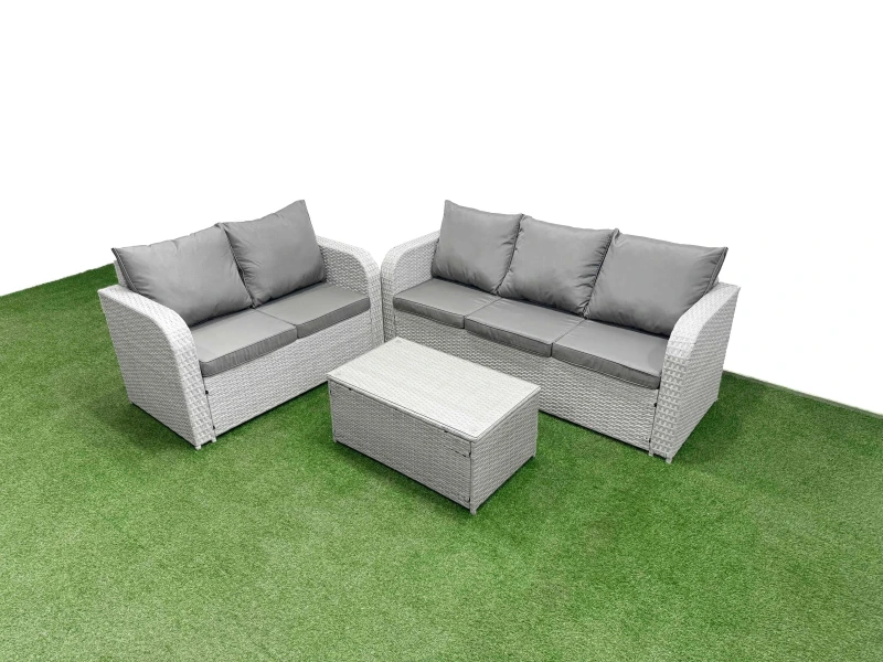 Image of Fimous 5 Seater PE Rattan Wicker Garden Furniture Patio Conservatory Sofa Set with Rectangular Coffee Table 3 Seater Sofa Love Sofa Light Grey