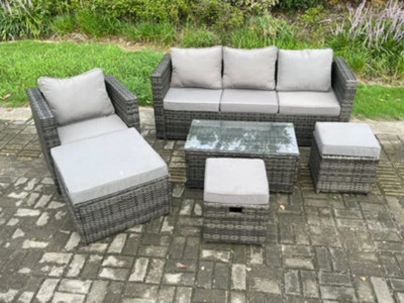 Image of Fimous Rattan Garden Furniture Set with 3 Seater Sofa 3 Footstools Indoor Outdoor Patio Lounge Sofa Set Dark Grey Dark Grey