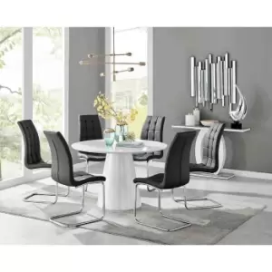 Image of Furniture Box Palma White High Gloss Round Dining Table and 6 Black Murano Chairs
