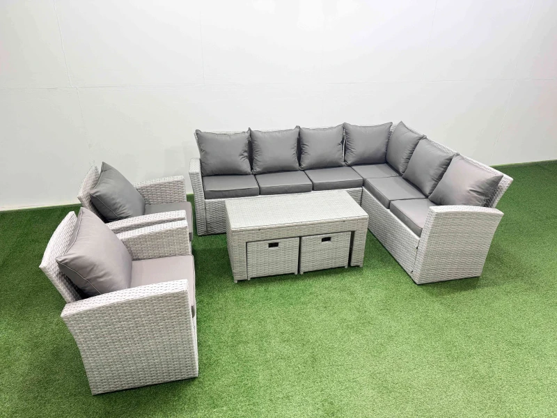 Image of Fimous Rattan Furniture Set 7 Pieces Outdoor Sofa Coffee Table with 2 Chairs in Light Grey Light Grey Unisex