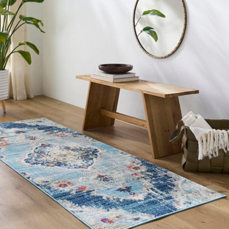 Image of Livabliss Vintage Oriental Boho Blue Romy Runner Rug 80 X 220 Cm - Easy Care, Non Shedding, Ideal For Hallway Or Beside The Bed