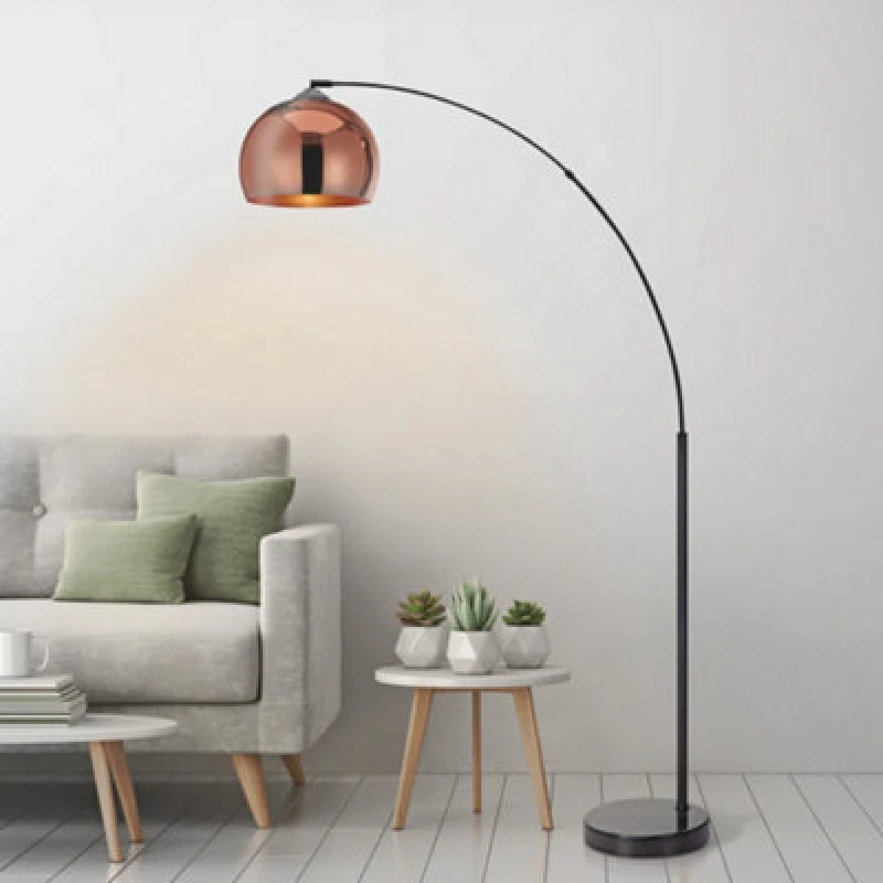 Image of Teamson Home Arc Curved Standing Floor Lamp With Bell Shade & Marble Base - Rose Gold/black Marble