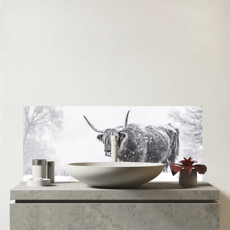 Image of Warren Reed - Designer Snowy Black & White Highland Cow Glass Bathroom Splashback White Unisex