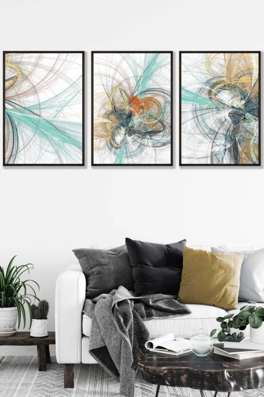 Image of ARTZE Set of 3 Black Framed Abstract Green Yellow Grey Mixed Media Fractal Wall Art in Bright Yellow Size: W45cm x H62cm x D20mm Bright Yellow Uni