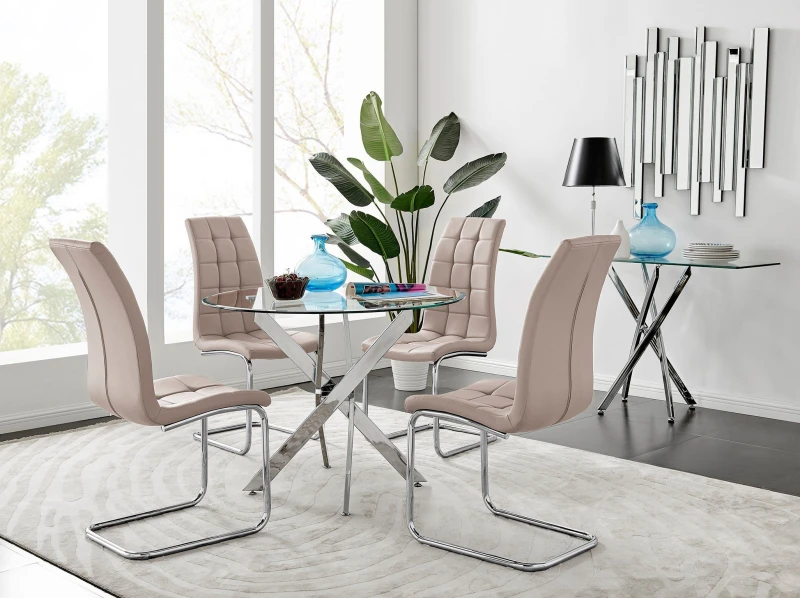 Image of FurnitureboxUK FurnitureboxUK Novara Chrome Metal 100cm Round Glass Dining Table And 4 Murano Dining Chairs in Beige Beige One Size Unisex 50565426410
