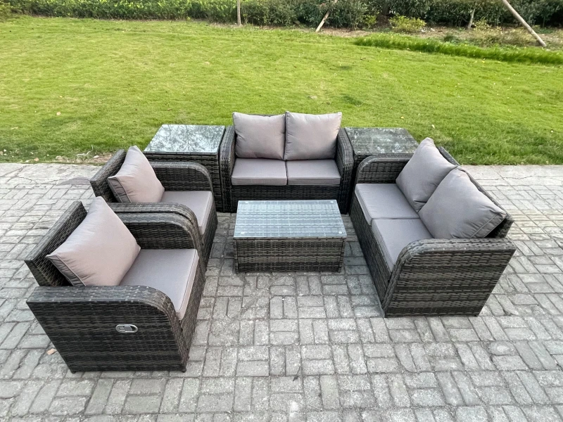 Image of Fimous Rattan Garden Furniture Set Patio Outdoor Lounge Sofa Set with 2 Reclining Chairs Rectangular Coffee Table 2 Side Tables Dark Grey