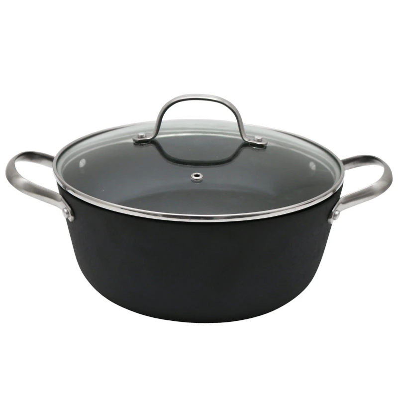 Image of Hairy Bikers 24cm Lightweight Non-Stick Cast Iron Casserole Dish Pan w Glass Lid Black