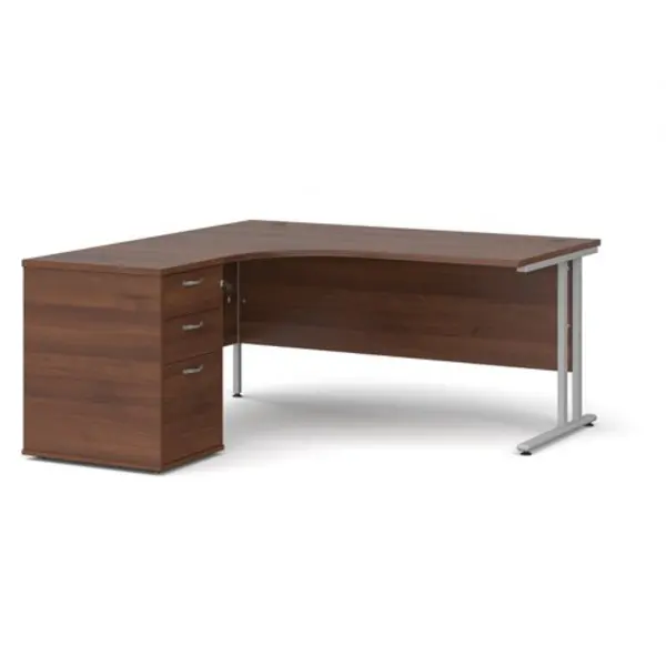 Image of Office Desk Left Hand Corner Desk 1600mm With Pedestal Walnut Top With Silver Frame Maestro 25