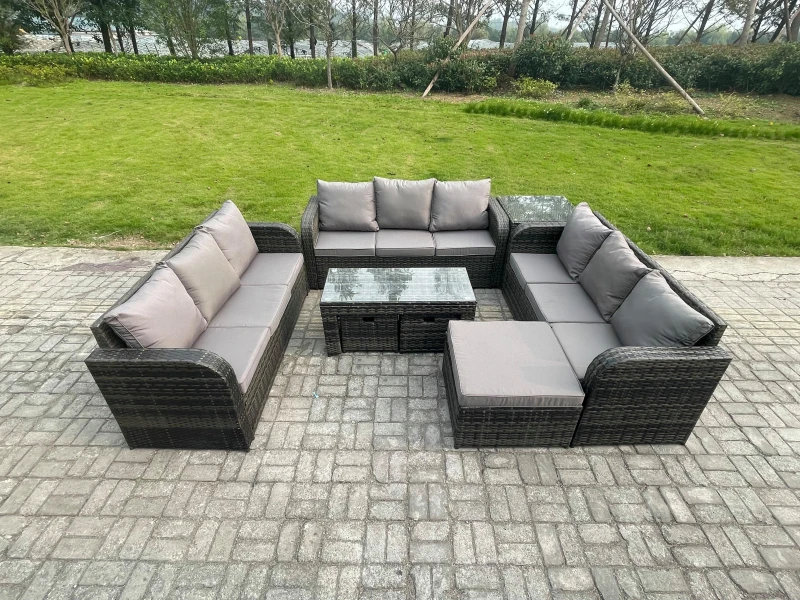 Image of Fimous 12 Seater Rattan Garden Furniture Set Indoor Outdoor Patio Sofa Set with Coffee Table 3 Footstools Side Table Dark Grey Mixed Dark Grey