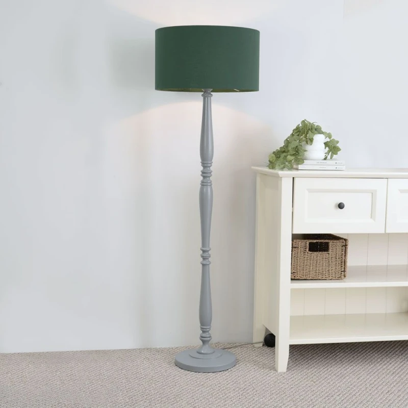 Image of ValueLights Victoria Grey Wood Traditional Stem Floor Lamp with Fabric Drum Shade Green