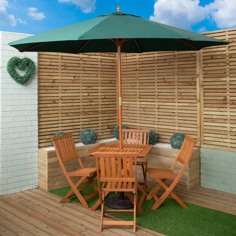 Image of Outdoor 4 Person Folding Square Wooden Garden Dining Table Chairs Green Parasol and Base Set