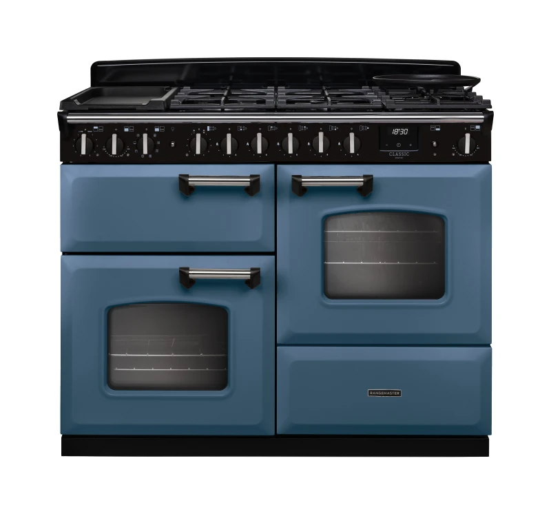 Image of Rangemaster Classic Deluxe 110 CLDLO110DFPSTB/CM1 110cm wide Dual Fuel Range Cooker with Gas Hob - Stone Blue / Chrome - A Rated