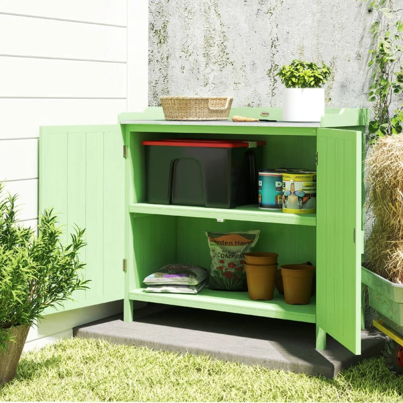 Image of OUTSUNNY Garden Storage Cabinet Potting Bench Table W/ galvanised Top Green in Light Green Light Green Unisex