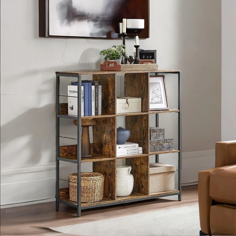 Image of Rafaelo Mobilia 3 Tier Cube Storage Shelf With 9 Compartments Industrial Rustic in Dark Brown Dark Brown Unisex