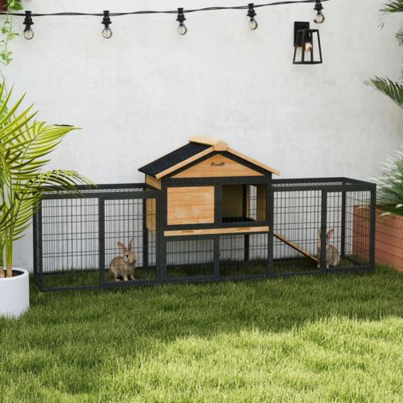 Image of PawHut Rabbit Hutch Outdoor with Steel Run Removable Plastic Tray Natural TJ Hughes 5063603364325