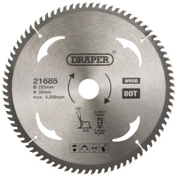Image of 21685 TCT Circular Saw Blade for Wood 255 x 30mm 80T - Draper