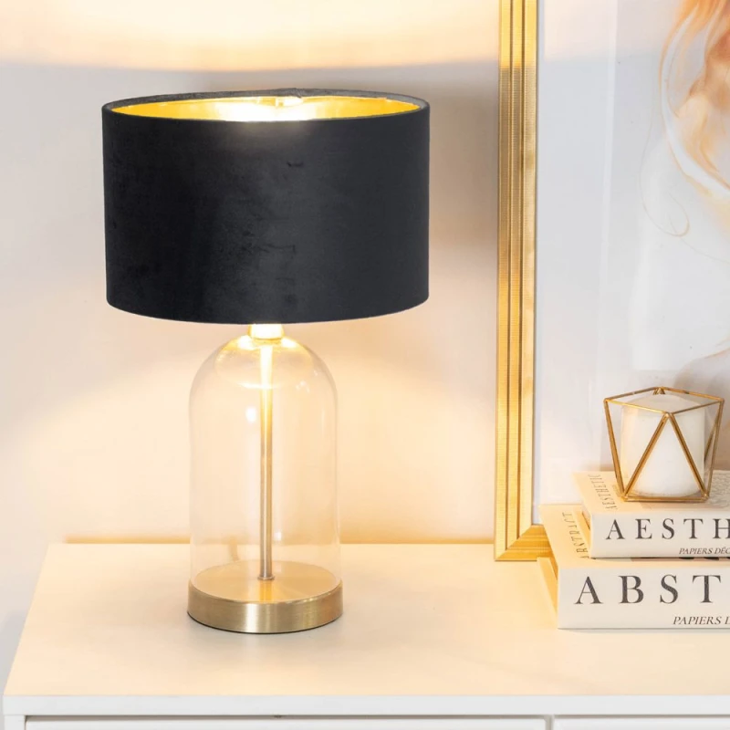 Image of ValueLights ValueLights Jessy Glass with Gold Trim Table Lamp with Velvet Drum with Gold Shade & Bulb in Black One Size Unisex 5059406061103