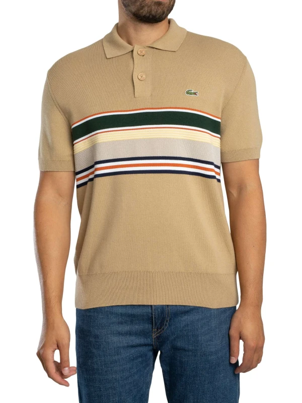 Image of Lacoste French Made Striped Polo Shirt Beige/White/Navy Blue/Yellow S