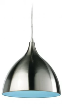 Image of 1 Light Dome Ceiling Pendant Brushed Steel, Blue Inside, E27